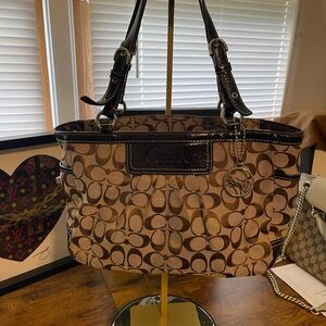 Coach Brown Signature Canvas Tote with Dark Brown Leather Trim